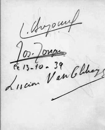 Signature non identifie, et signatures de Joseph Jongen, compositeur et organiste belge, et Lucien Van Obbergh, basse belge